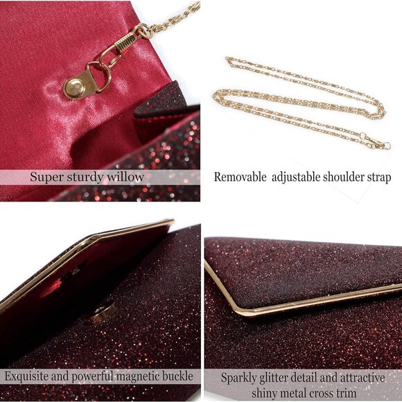 Womens Red Ladies Sparkling Party Handbag Evening Bag Clutch Purses - Picture 6 of 7